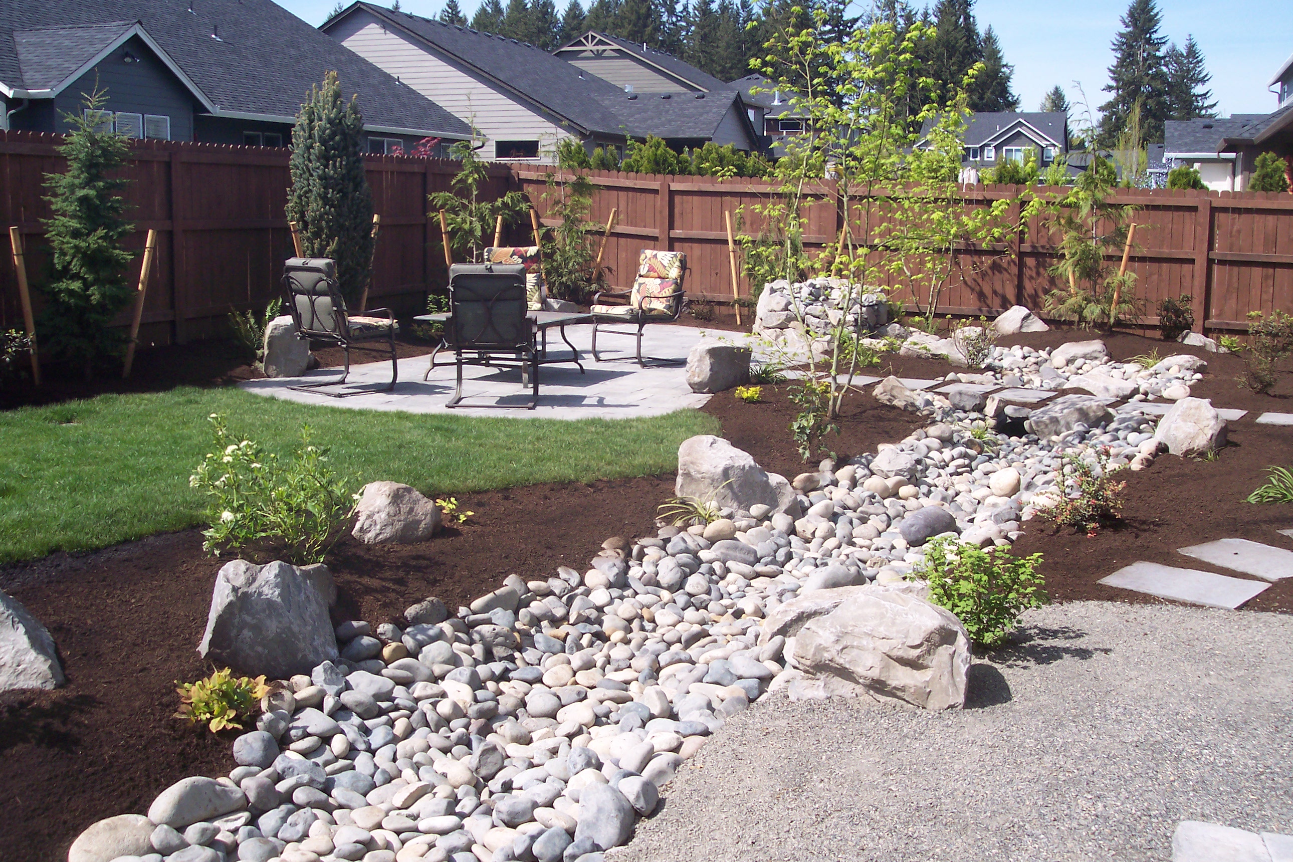 paver patio dried creek, large stepping stones and gravel walk