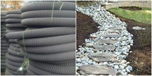 French drain pipe and garden path installation